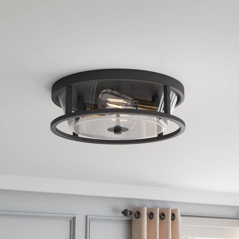 Farmhouse 2-Light Metal Frame Close to Ceiling Light with Glass Shade - Black