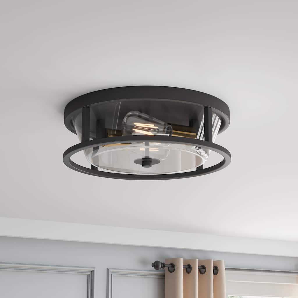 Farmhouse 2-Light Metal Frame Close to Ceiling Light with Glass Shade