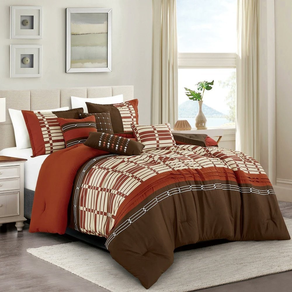 7 Piece Brown Burgundy Ivory Comforter Set Embroidery Soft Bedding