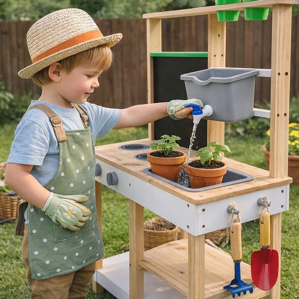slide 2 of 13, Teamson Kids Outdoor Wooden Mud Kitchen, Garden Playset, Kids Pretend Cooking Play Kitchen with Sink, Chalkboard, Backyard Toy Kitchens
