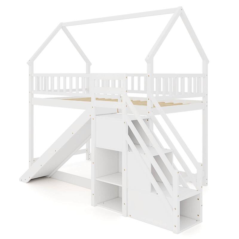 Floor House Bed Wood Twin Over Twin Bunk Bed w/ Slide & Staircase - White