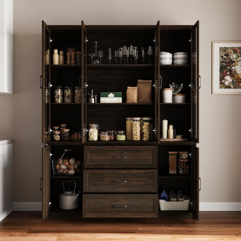 61.8" W Kitchen Pantry Cabinet, Freestanding Cupboard with Glass Doors
