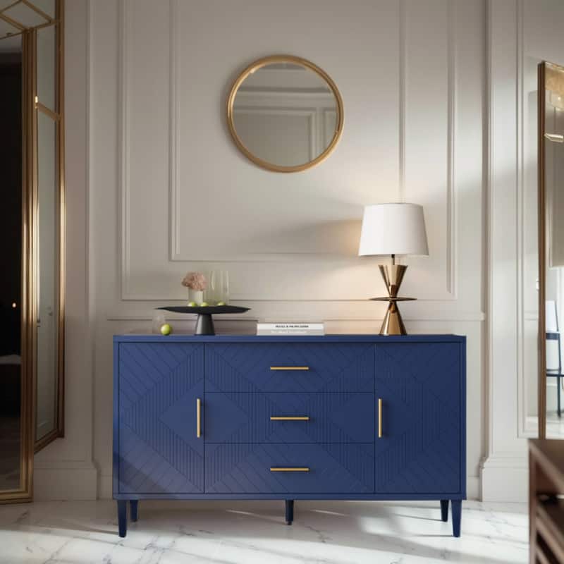 2-Door 3-Drawer Cabinet with Carved Effect - Navy Blue