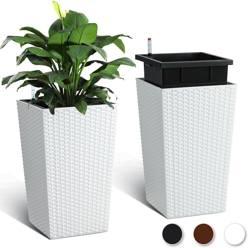 2-Pack 16Inch Rattan Self-Watering Planters with Water Level Indicator Black - White