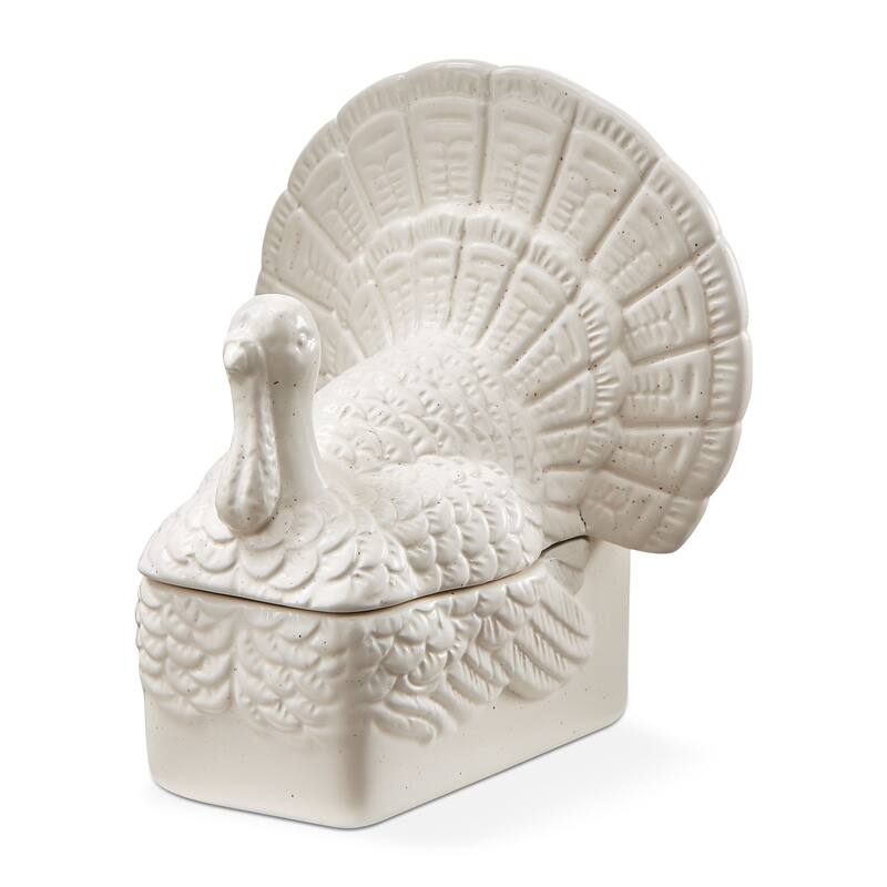 Antique White Earthenware Dolomite Thanksgiving Turkey Shaped Butter Dish, 5.5L x 6.43W x 7.51H.