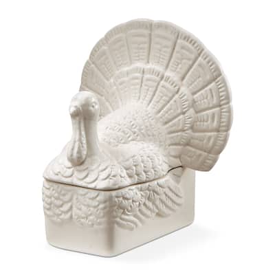 Antique White Earthenware Dolomite Thanksgiving Turkey Shaped Butter Dish, 5.5L x 6.43W x 7.51H.