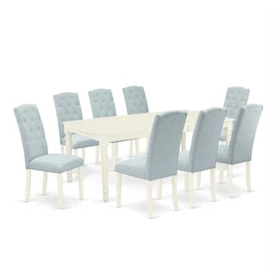 9Pc Dining Set - Rectangle Table with Leaf & 8 Parsons Chairs - Linen White & Baby Blue - 78