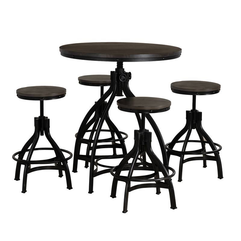 Linon Caverly Steel/Wood Industrial 5-Piece Adjustable Round Bar Stool Set