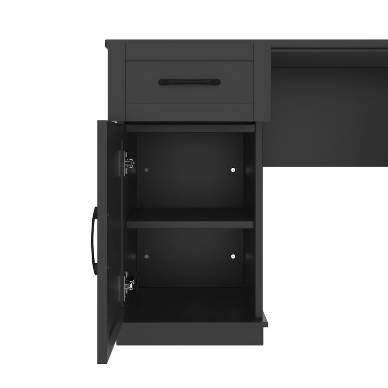 Roomfitters L-Shaped Computer Desk with Hutch, 2 Cabinets, 2 Drawers and 11 Open Shelves, with Power Outlet