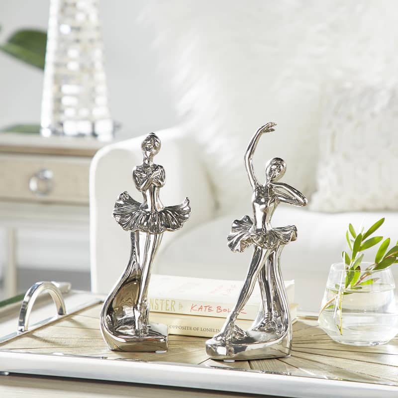 Porcelain Ceramic Dancer Decorative Sculpture - Set of 2 Silver - Roche River Decor