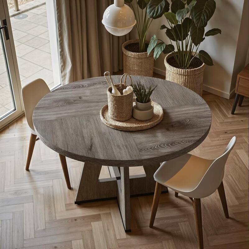 47" Round Dining Table for 4-6 People Rustic Wood Table with Pedestal Base for Kitchen Dining Room Living Room