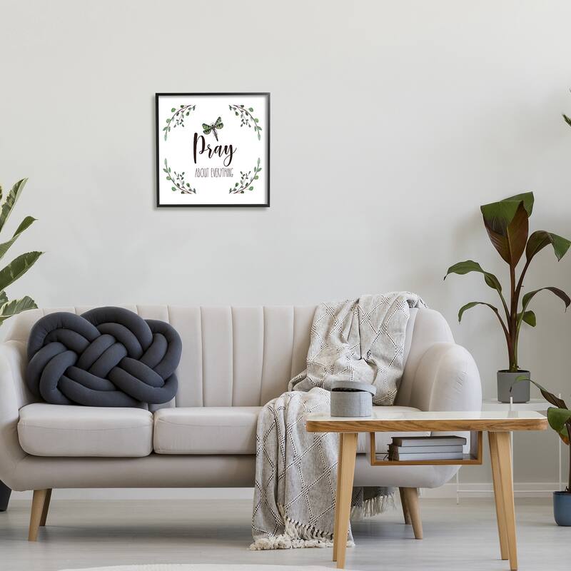 Stupell Pray About Everything Dragonfly Insect Laurel Branch Crown Framed Wall Art, Design by Elizabeth Tyndall - White
