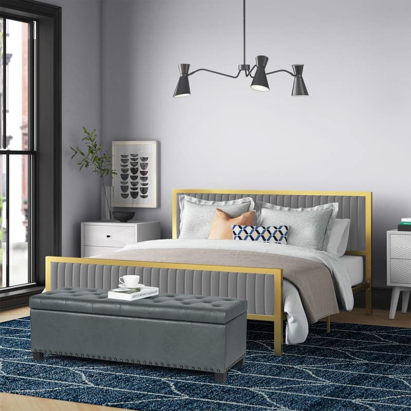 Adeco Storage Ottoman Faux Leather Button Tufted Bench Rectangle Footrest