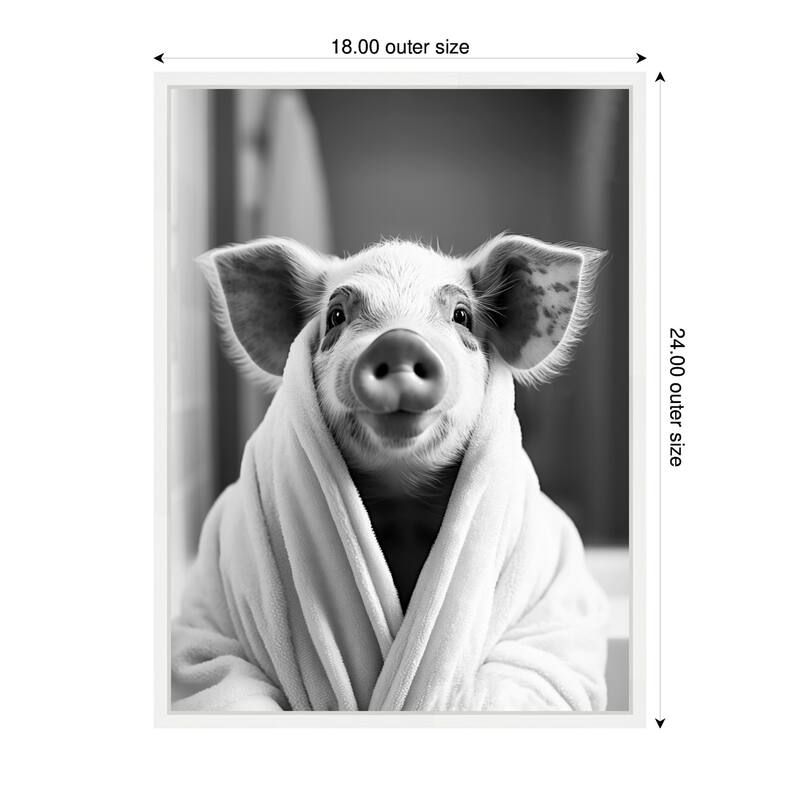 Kate and Laurel Sylvie Pig Bathroom Art Towel Robe Black and White Framed Canvas by The Creative Bunch Studio