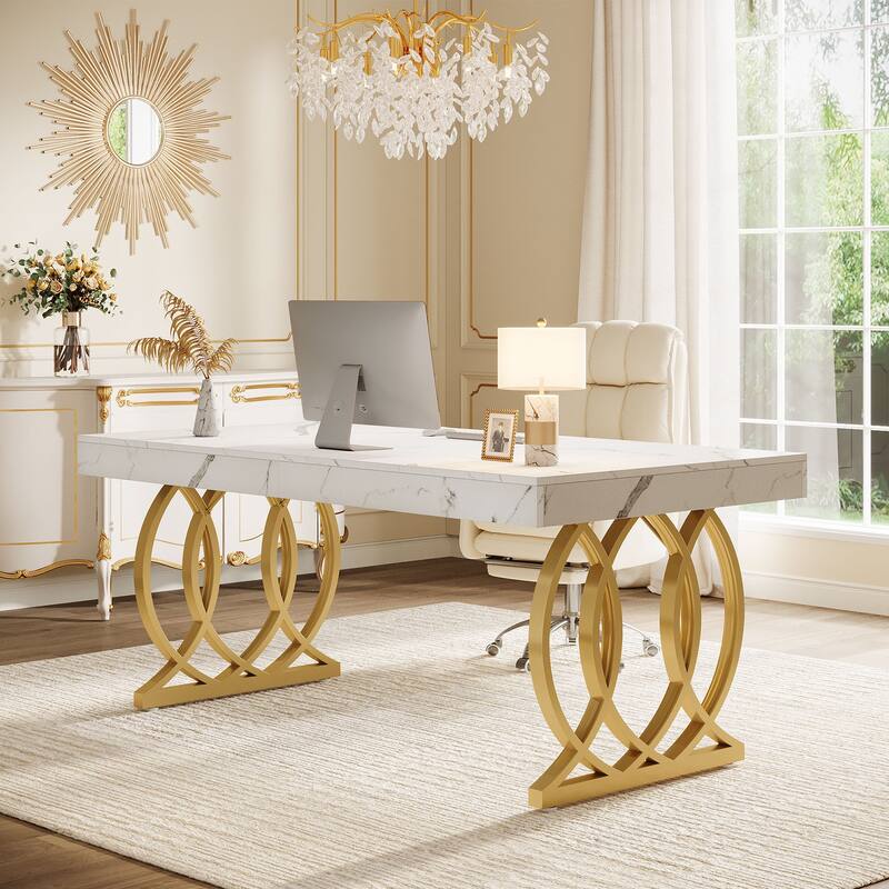 63'' Executive Desk, Modern Office Desk White and Gold Computer Desk