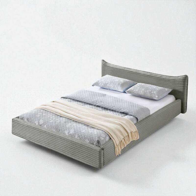 Queen Size Upholstered Velvet Platform Bed with Curved Headboard, Solid Wood Frame, No Box Spring Needed
