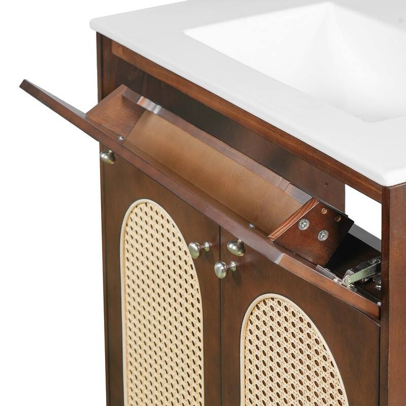 30" Bathroom Vanity with Ceramic Sink, Solid Wood Cabinet, Adjustable Shelf, Tip-Drawer & Rattan Panels