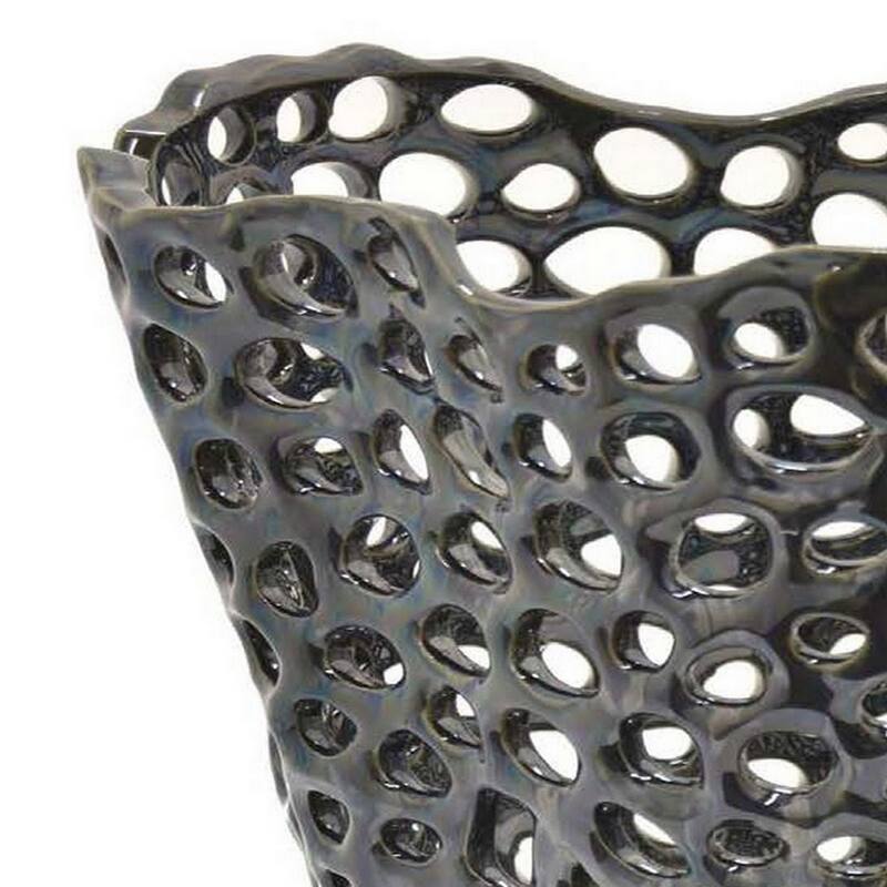 Hina 14 Inch Decorative Bowl, Mesh Design, Wavy Edges, Ceramic Blue Finish