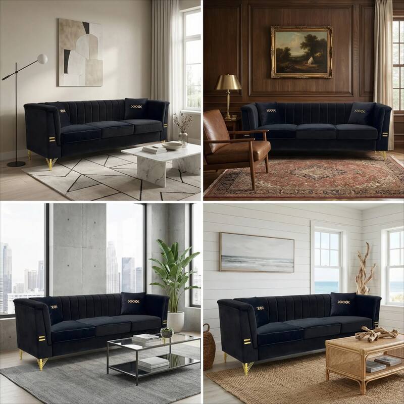 Chesterfield Velvet Button Tufted Sofa, Luxury 3-Seater Couch with 2 Pillows