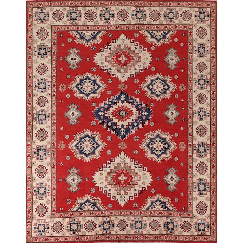 Geometric Red Kazak Oriental Area Rug Hand-Knotted Wool Carpet - 8'3"x 10'0"