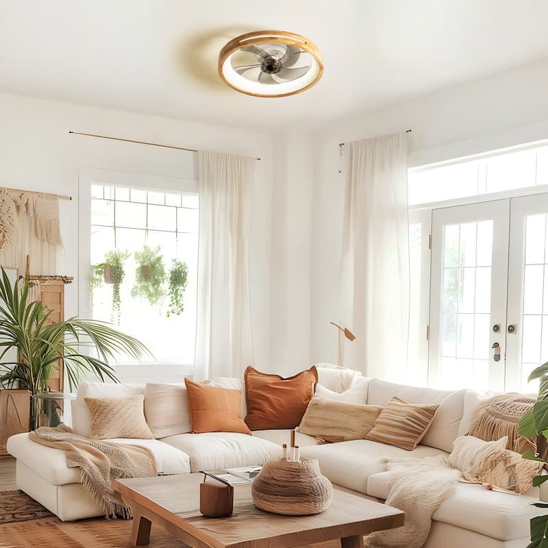 19.7" Farmhouse Flush Mount Ceiling Fan with LED Light and Remote Control, Wooden Finish for Bedroom/Living Room - 5