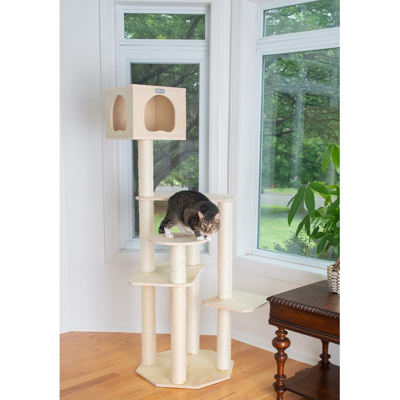 Real Wood Premium Scots Pine 69-Inch Cat Tree with Five Levels, Perch, Condo - Natural Beige - Natural Beige
