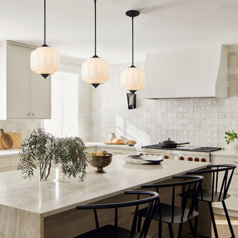 1-Light Antique Brass/Matte Black Pumpkin Shaped Flush Mount Ceiling Light/Pendant Light with Milk/Green Glass for Dining Room