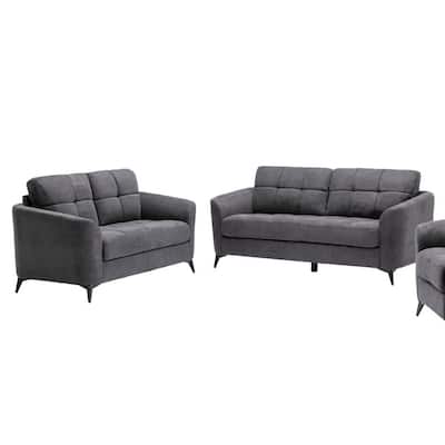 Odin 2 Piece Sofa and Loveseat Set, Tufted Cushions, Gray Velvet Upholstery