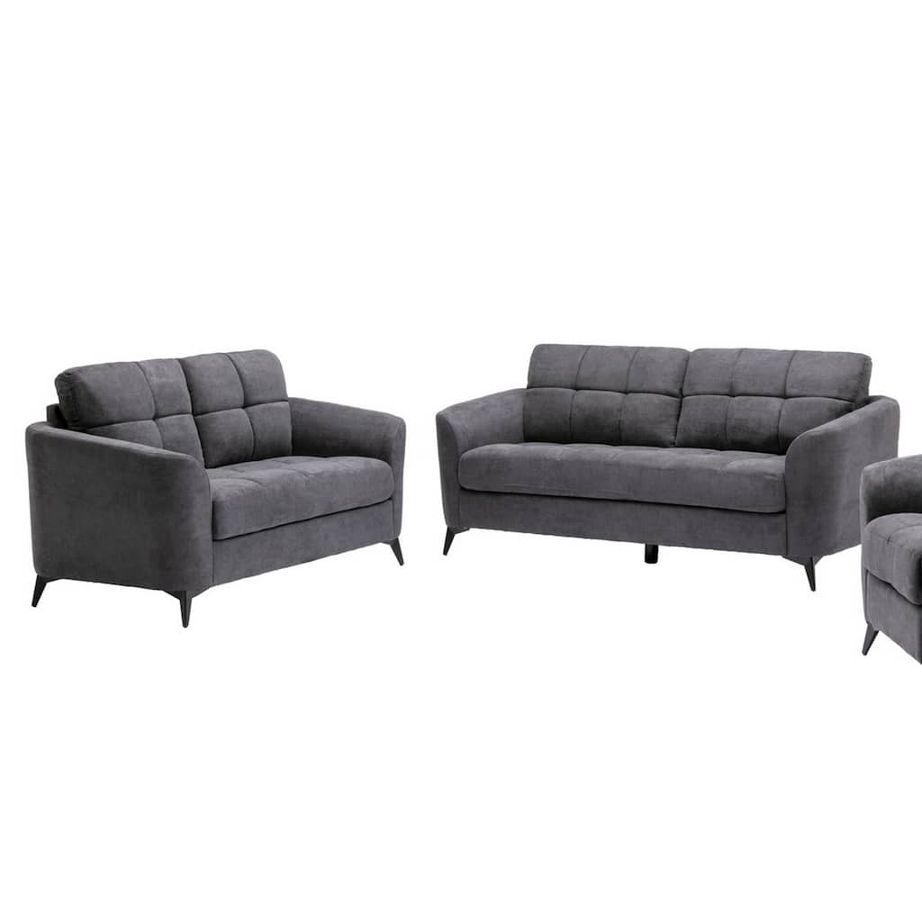 Odin 2 Piece Sofa and Loveseat Set, Tufted Cushions, Gray Velvet Upholstery