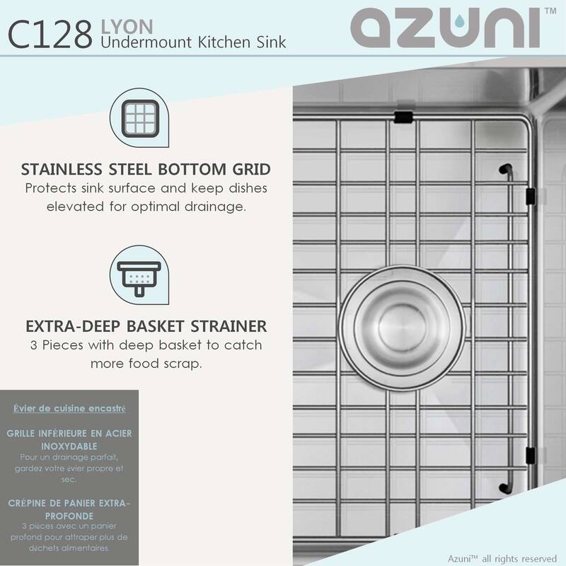 AZUNI 28 inches L x 18 inches W Single Bowl Undermount 16G Reversible Kitchen Sink with Grid and Basket Strainer C128