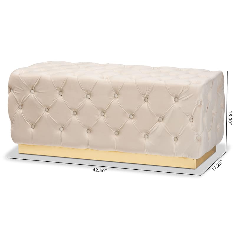 Corrine Glam and Luxe Velvet Fabric and Gold PU Leather Ottoman
