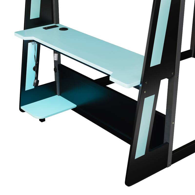 Gaming Bunk Bed with Computer Desk, Storage Shelves, USB Port and LED Strip Lighting, Esports Design, Wooden Gaming Bed