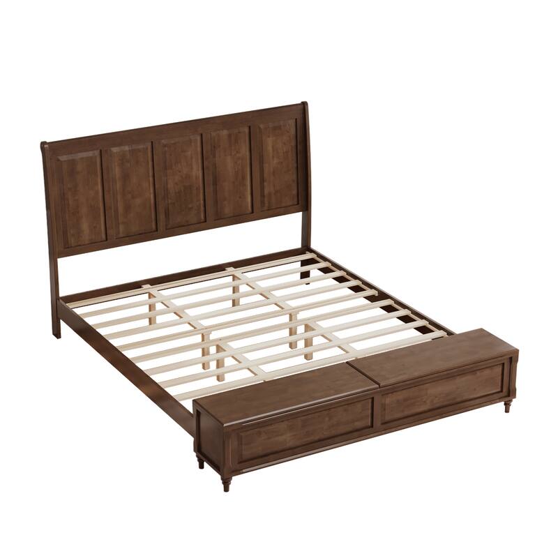 GDFStudio - Traditional Solid Wood Sleigh Bed Frame with High Paneled Headboard & Storage Chest Bench, No Box Spring Needed