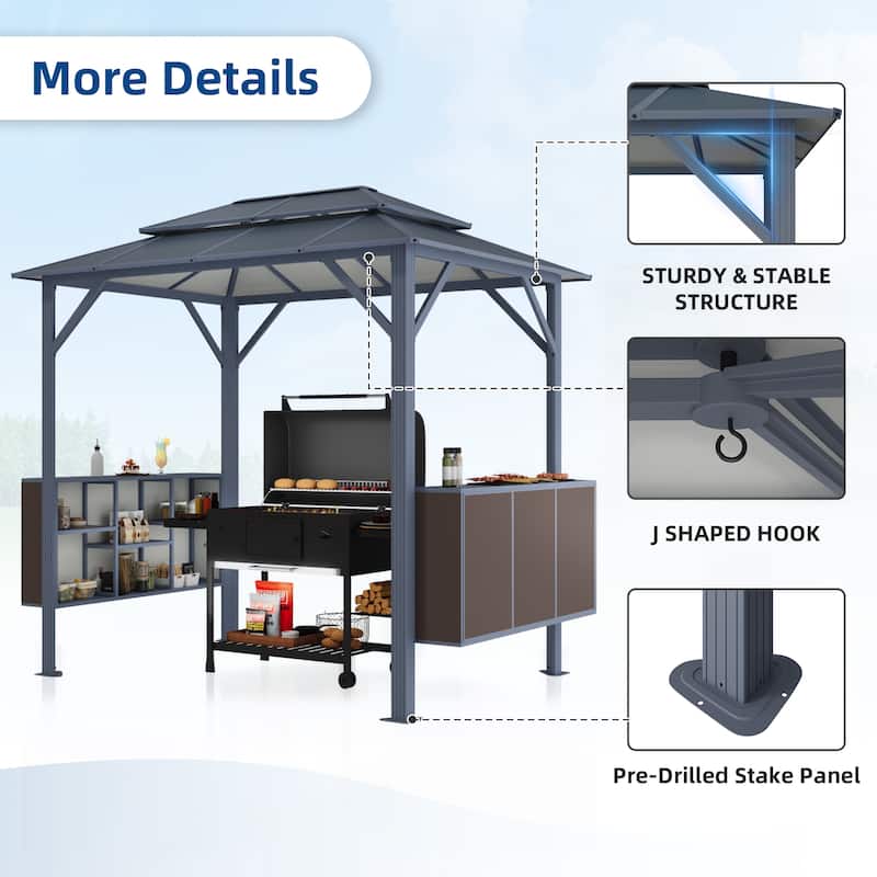 Grill Gazebo with Bar & Shelves, Double Roof BBQ Canopy for Patio, Wind & Weather-Resistant Outdoor Grill Shelter Tent
