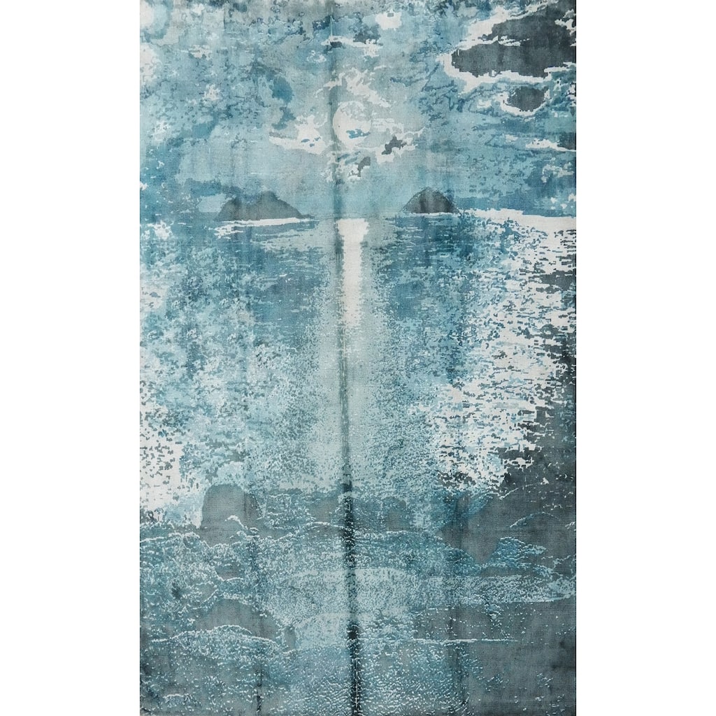 Hand Knotted Oriental Viscose Silk Carpet Modern Pictorial Navy Blue & Blues Abstract Area Rug - 7' 10'' X 5' 7''