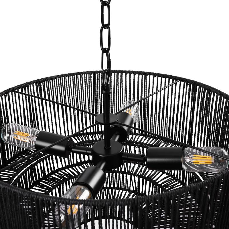 4-Light Dimmable Hand-Woven Rattan Tiered Chandelier