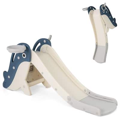Foldable Freestanding Baby Slide Climber Playset with Basketball Hoop for Kids-Blue - Multi