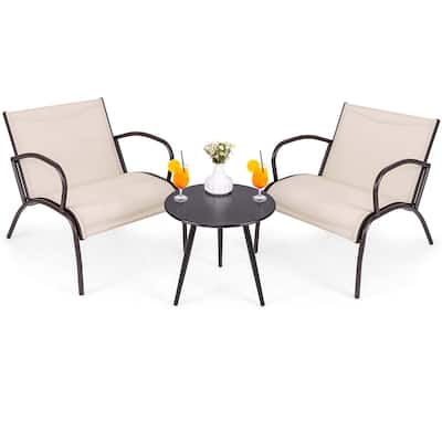 Gymax 3 Piece Patio Chair Set w/ Curved Fabric Seat Round Coffee Table