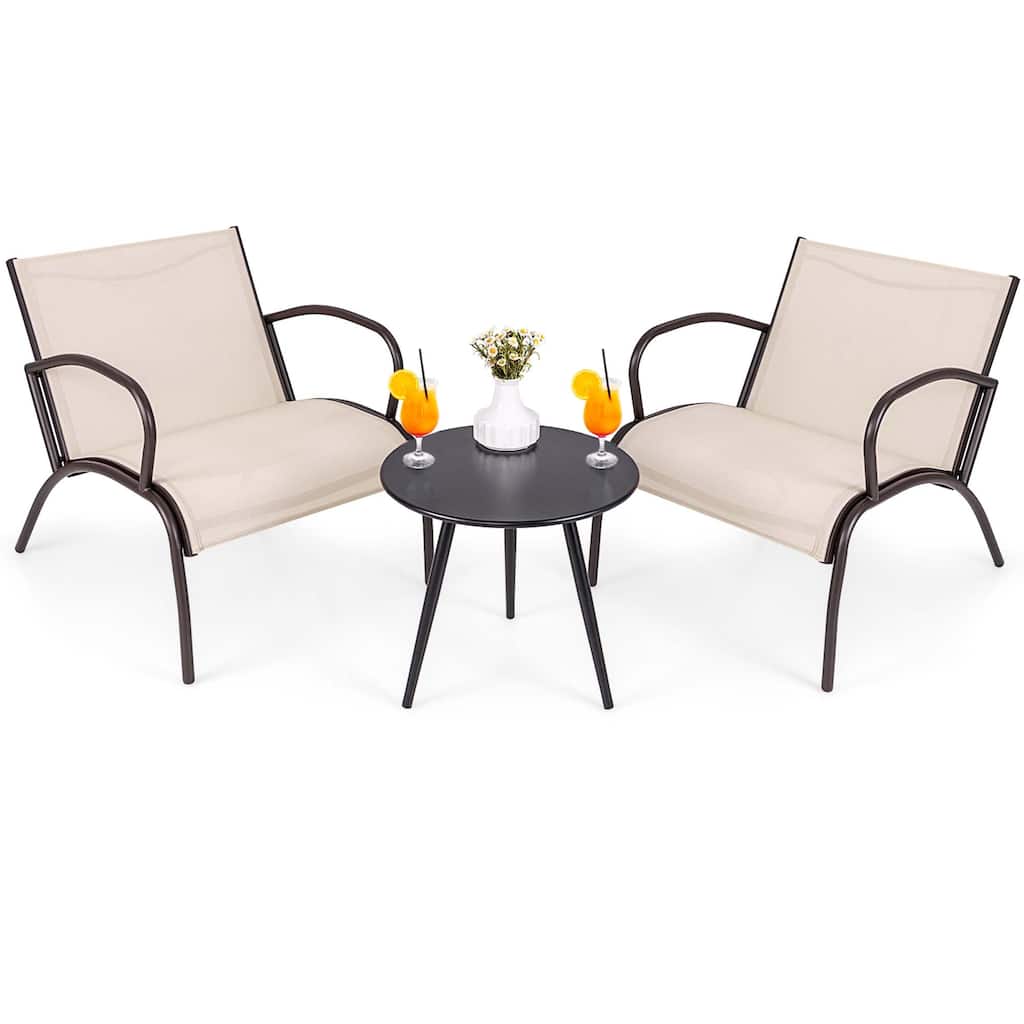 Gymax 3 Piece Patio Chair Set w/ Curved Fabric Seat Round Coffee Table