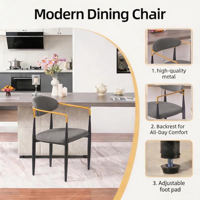 Modern Upholstered Dining Chair with Gold-Accented Armrests - 22"W x 21"D x 30"H, Ergonomic Design for Dining Room,2PCS/CTN
