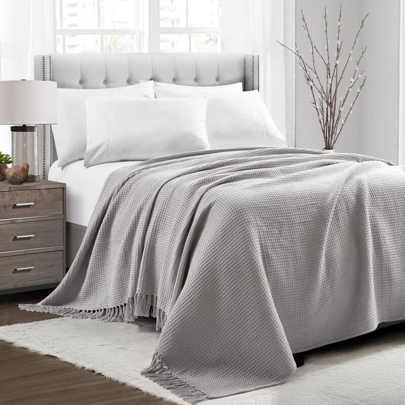 Lush Decor Waffle Cotton Knit Blanket/Coverlet - Light Gray - Full - Queen
