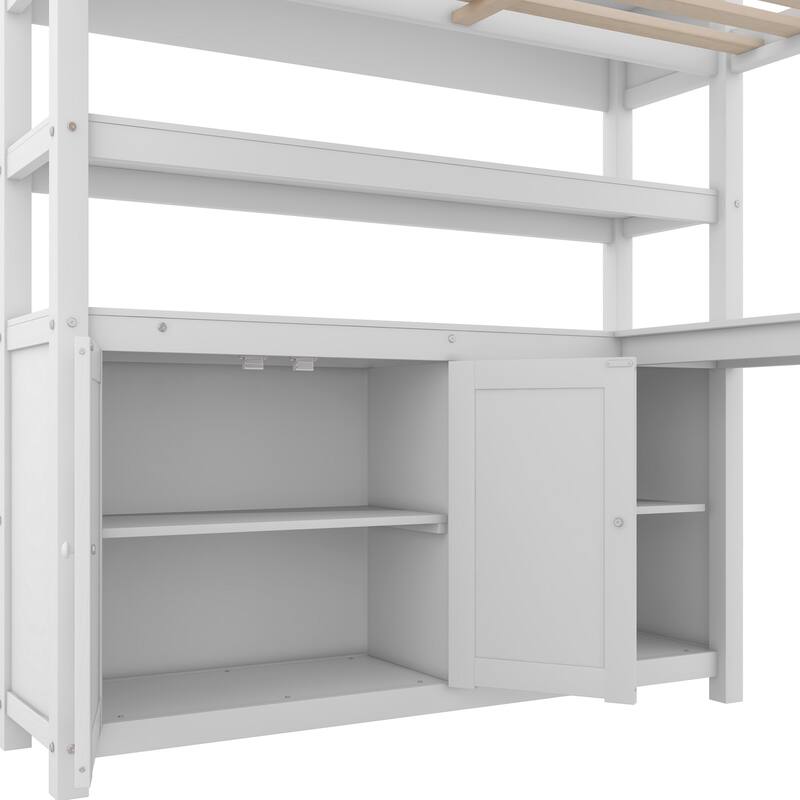 Full Size Pine Wood Loft Bed with Cabinet and Bookshelf, Wardrobe and Desk for Kids
