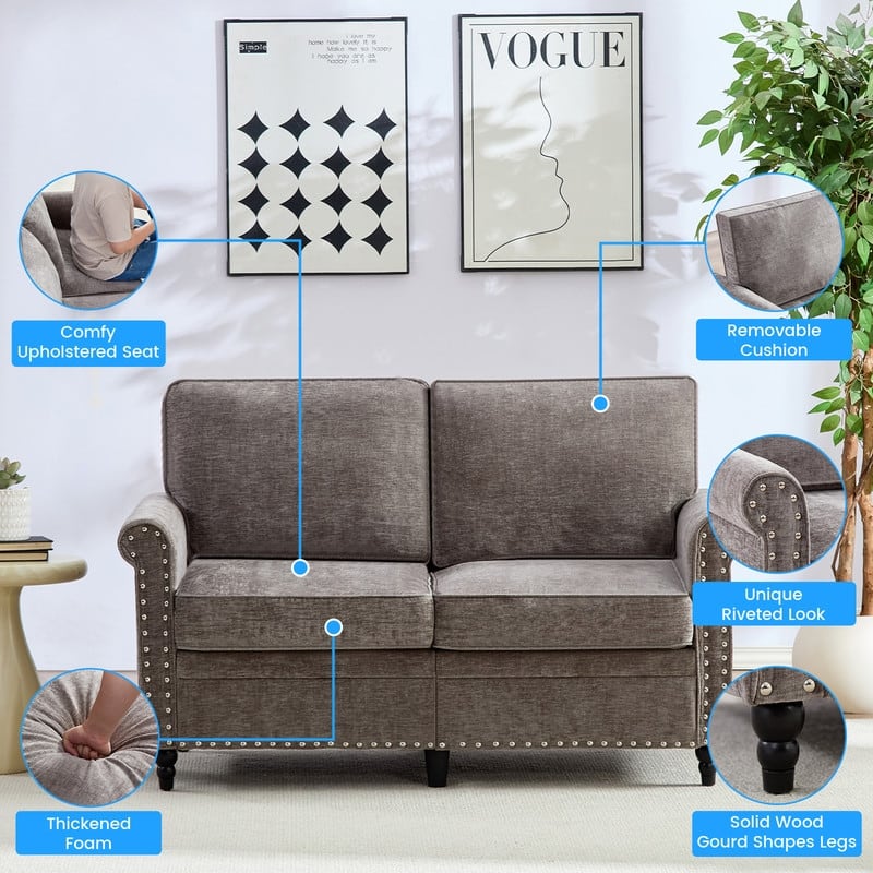 Mixoy 53.9''Chenille Living Room Sofa,Modern 2-Seater Sofa Couch,Loveseat Sofa with Unique Riveted Look