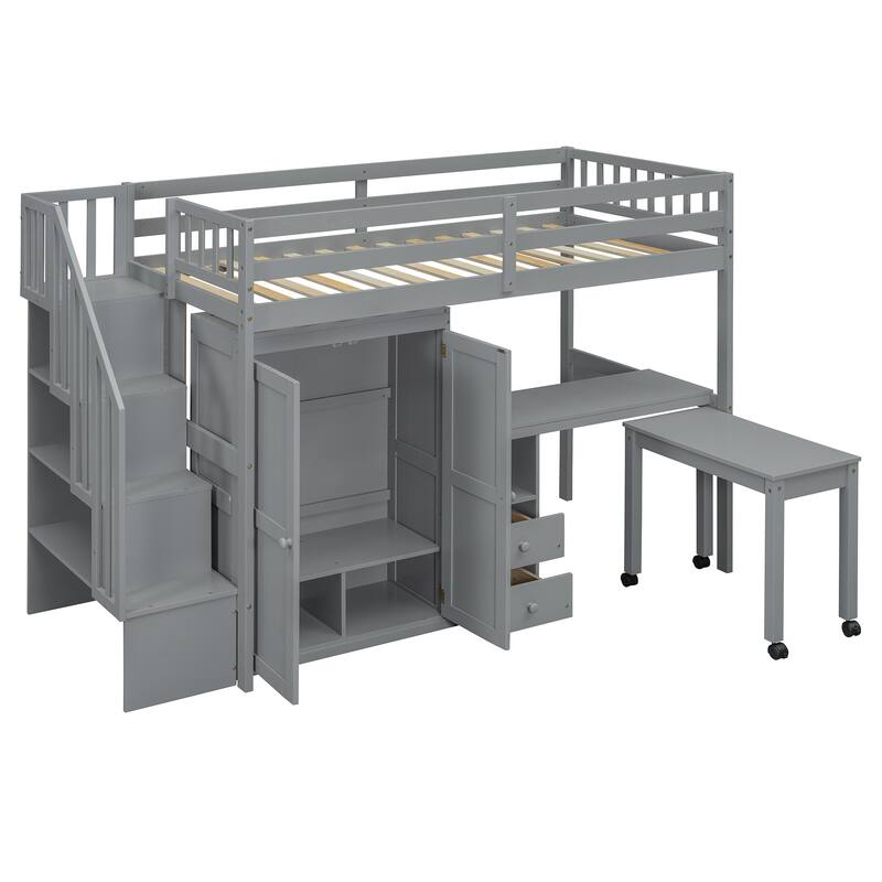 Multifunctional Twin Loft Bed with Stairs, Desk, Wardrobe & Storage for Kids & Teens - Space-Saving Furniture