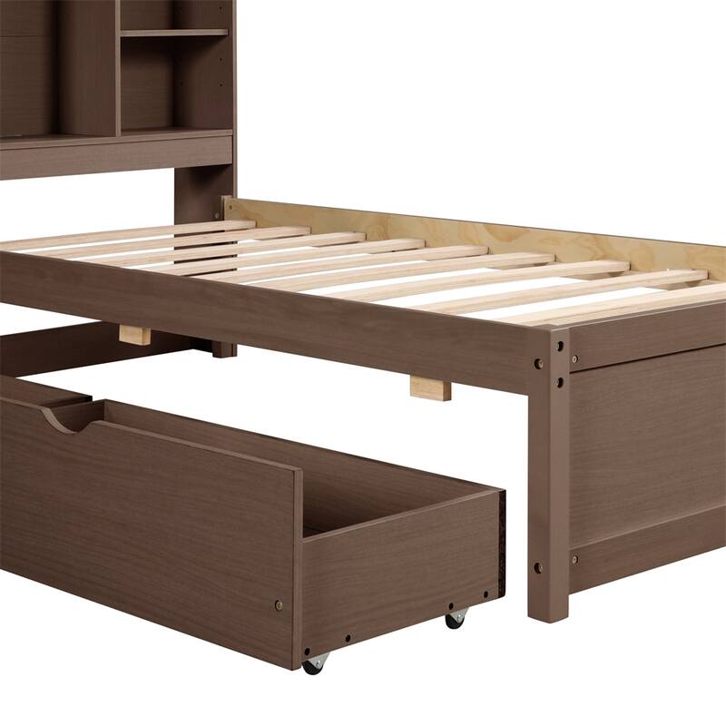 Modern Twin Size Bed Frame w/ Built-in USB Port on Bookcase Headboard