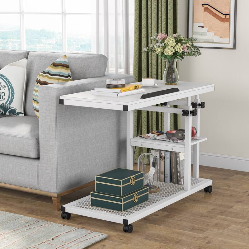 Height Adjustable C Table with Wheels, Laptop Table for Sofa Couch Bedside