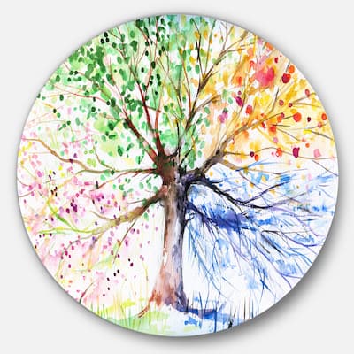 Designart 'Four Seasons Tree' Floral Glossy Large Disk Metal Wall Art
