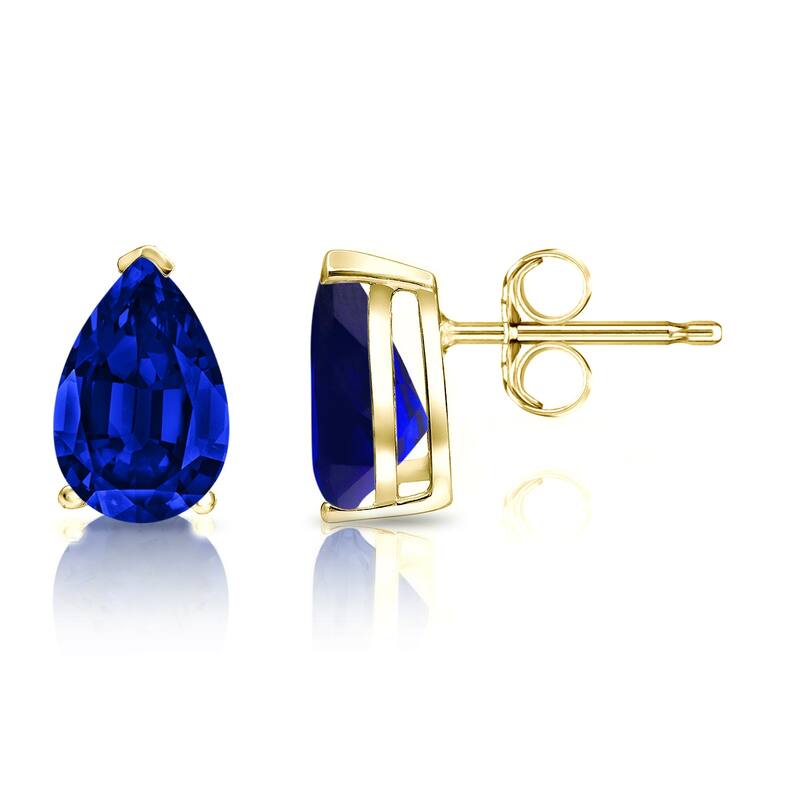 Auriya 14k Gold Lab Grown Gemstone Blue Sapphire Stud Earrings Pear 0.25 to 5.00 ct. tw. V-End Prong Push-Back - 0.90ct tgw. - Yellow