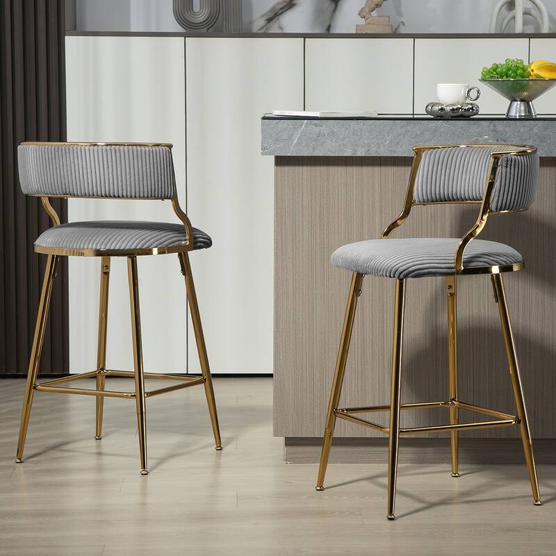 2PCS Corduroy Counter Height Bar Stools With Gold Metal