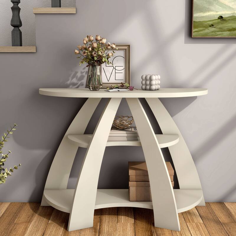 24/7 Shop At Home Contemporary Soft White Half Moon Console Table with 2 Shelves and Curved Legs - Soft White